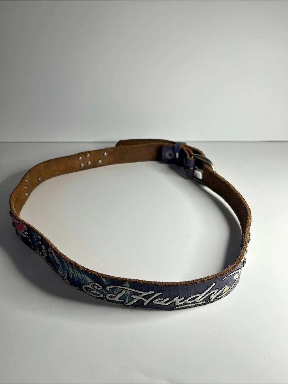 Ed Hardy Tattoo Print Leather Studded Belt Blue & Brown
